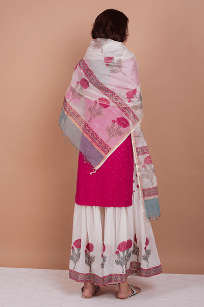 Goonj Rani Pink Mukaish Kurta with marigold Block printed Sharara- set of 3 RTS - Indiakreations