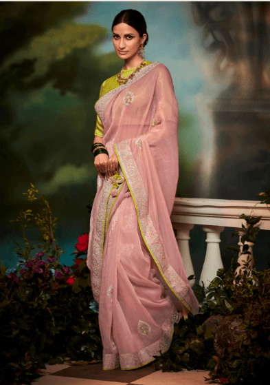 Designer Silk Stripe Embroidered Peach Saree With Blouse - Indiakreations