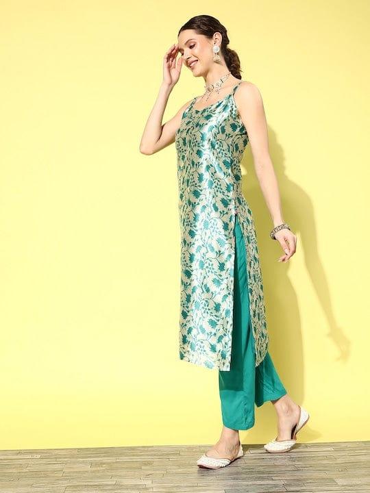 Varanga Women Green Floral Printed Chanderi Silk Kurta With Trousers & Dupatta - Indiakreations