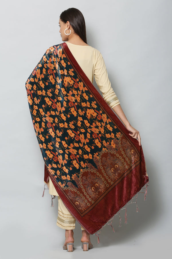 Women's Maroon Color Polyster Velvet  Digital Printed Dupatta - VAABA