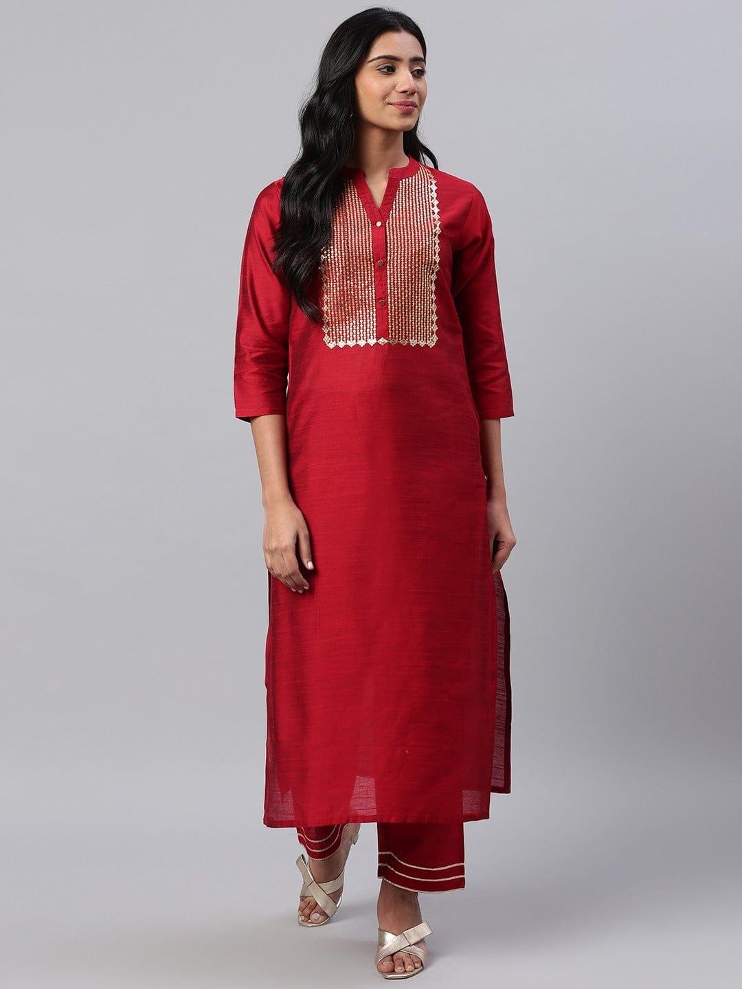 KSUT Maroon & Golden Sequinned Yoke Design Kurta with Trousers - Indiakreations