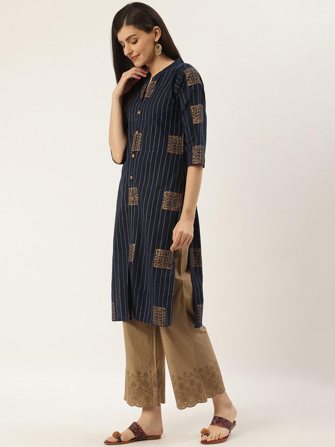 Women's Navy Blue & Golden Striped With Ethnic Printed Straight Kurta - Noz2Toz - Indiakreations