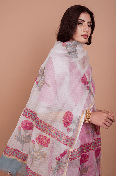 Goonj Rani Pink Mukaish Kurta with marigold Block printed Sharara- set of 3 RTS - Indiakreations