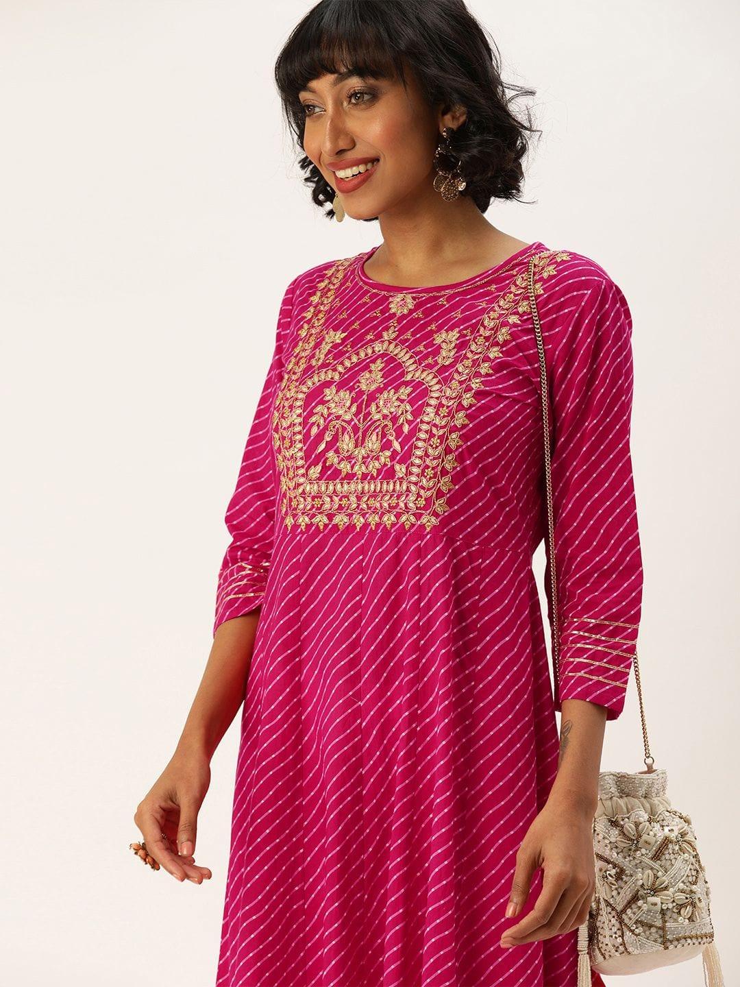 Women Magenta Pink & Gold-Toned Embroidered Anarkali Kurta - Indiakreations