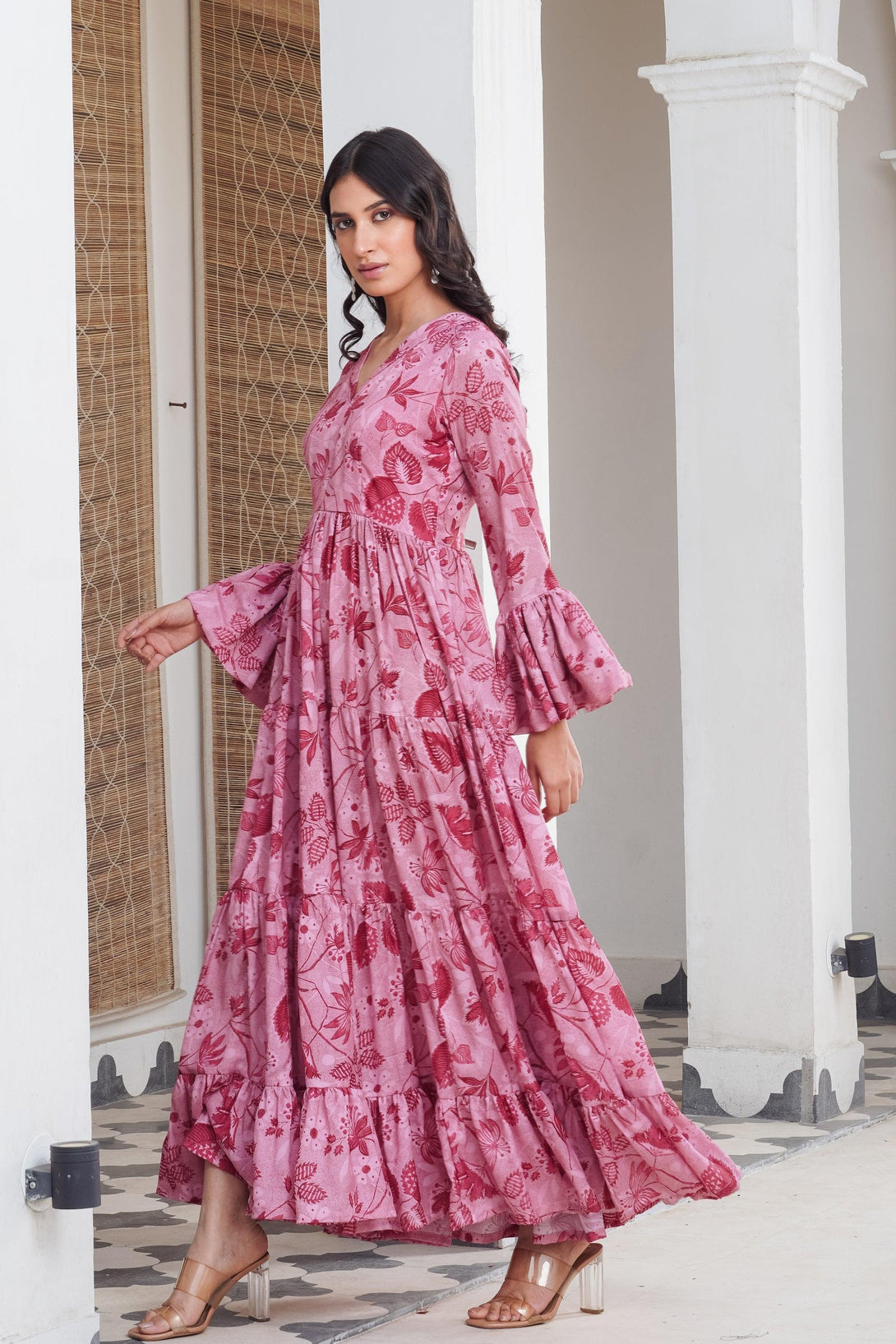 Pink floral frill Maxi - Indiakreations