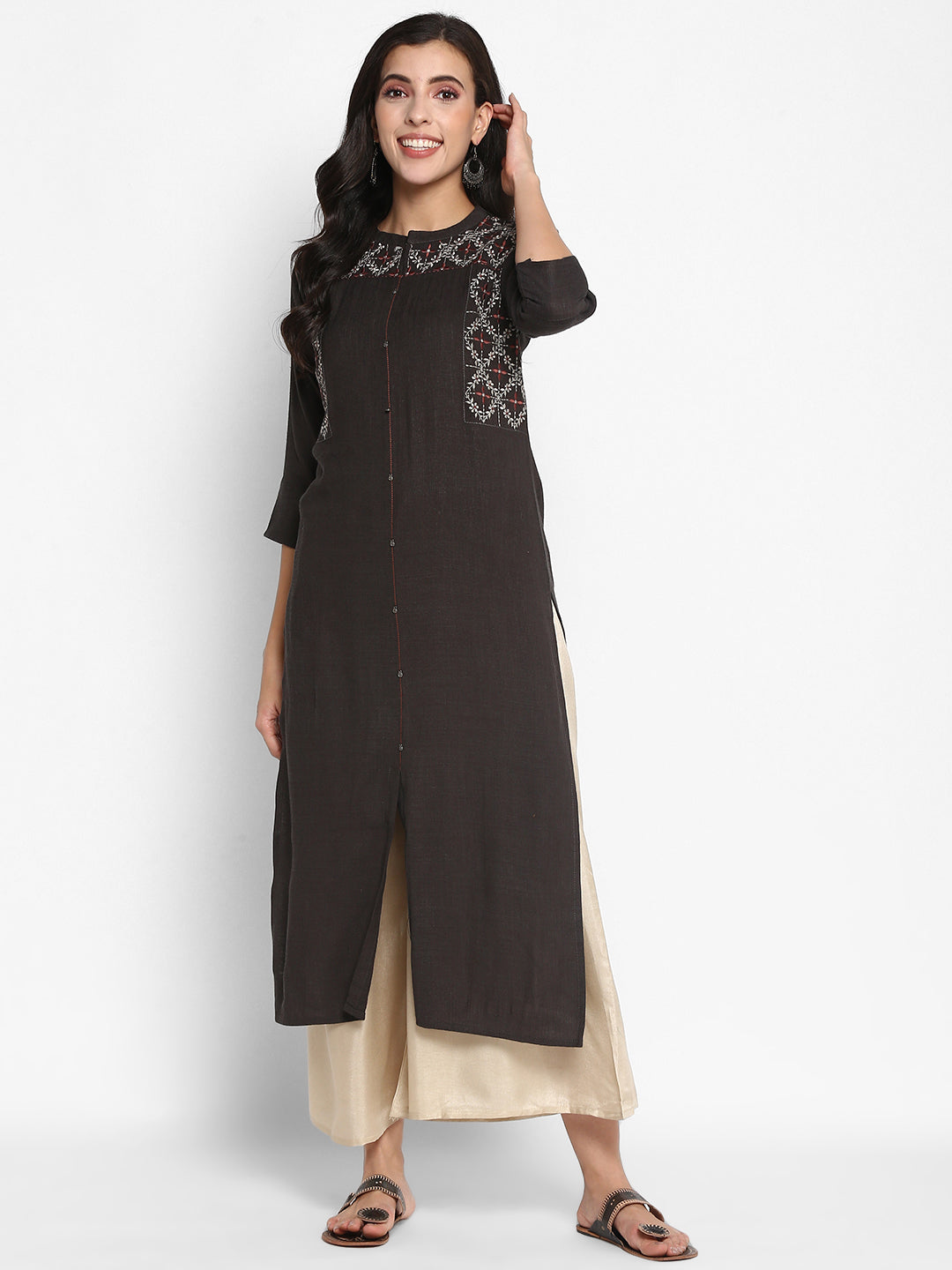 Women's Mouse Color Embroidery Rayon Blend  Solid Straight Kurta - Vaaba