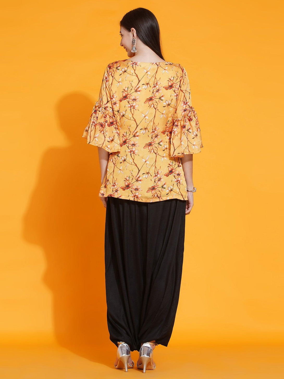 Women's Yellow Printed Satin Georgette Shirt With Bell Slevves And Dhoti - Women Republic - Indiakreations