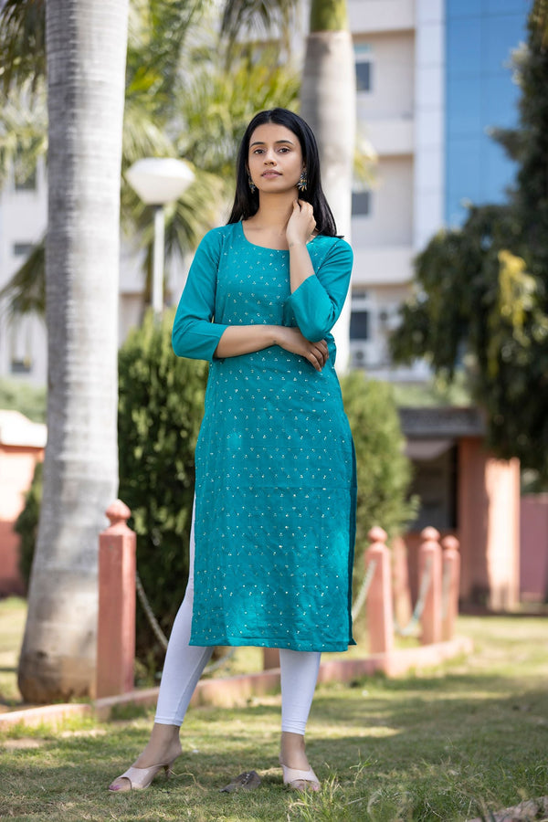 Women's Green Solid Sequin Embellishment Kurta - KAAJH