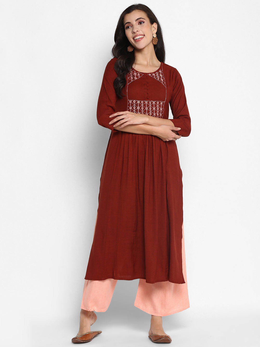 Women's Rust Color Embroidery Rayon Blend  Solid A-Line Flared Kurta - Vaaba