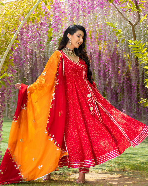 Red Amour Bandhej Gota Suit Set With Gota Potli | Relove