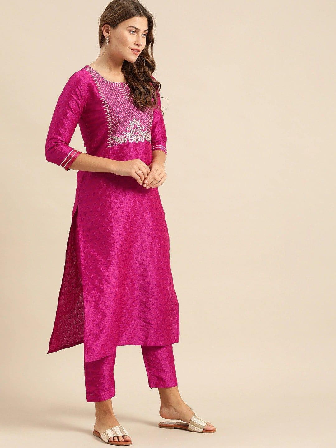 Magenta & Gold-Toned Embroidered Kurta with Trousers & Dupatta - Indiakreations