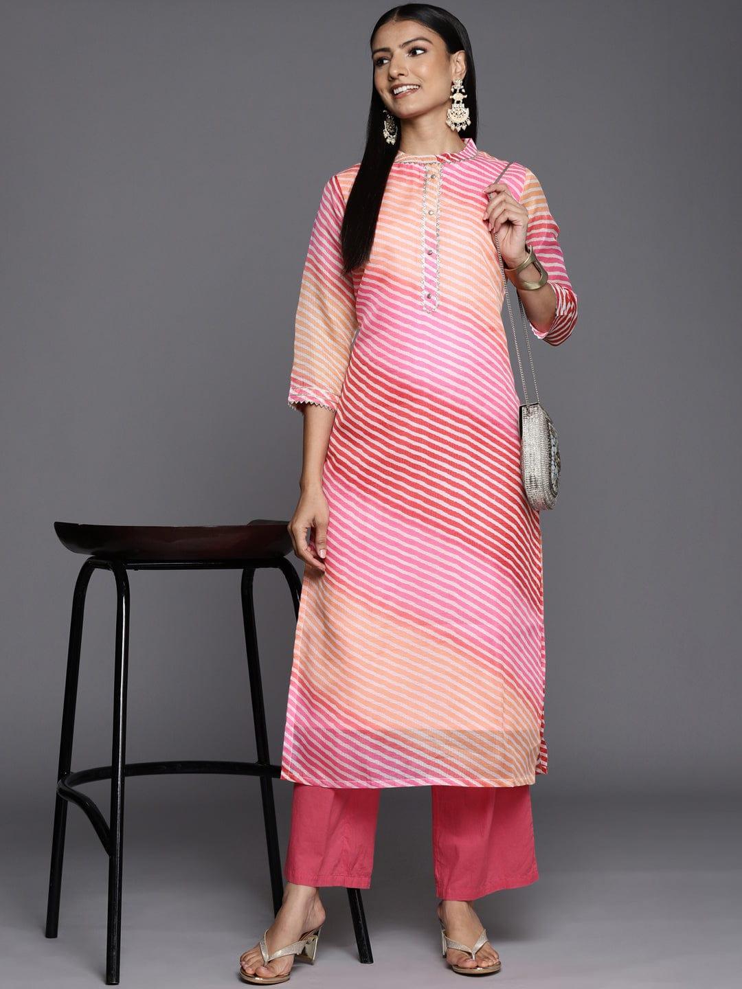 Varanga Women Pink & Orange Leheriya Printed Gotta Patti Chanderi Silk Kurta - Indiakreations