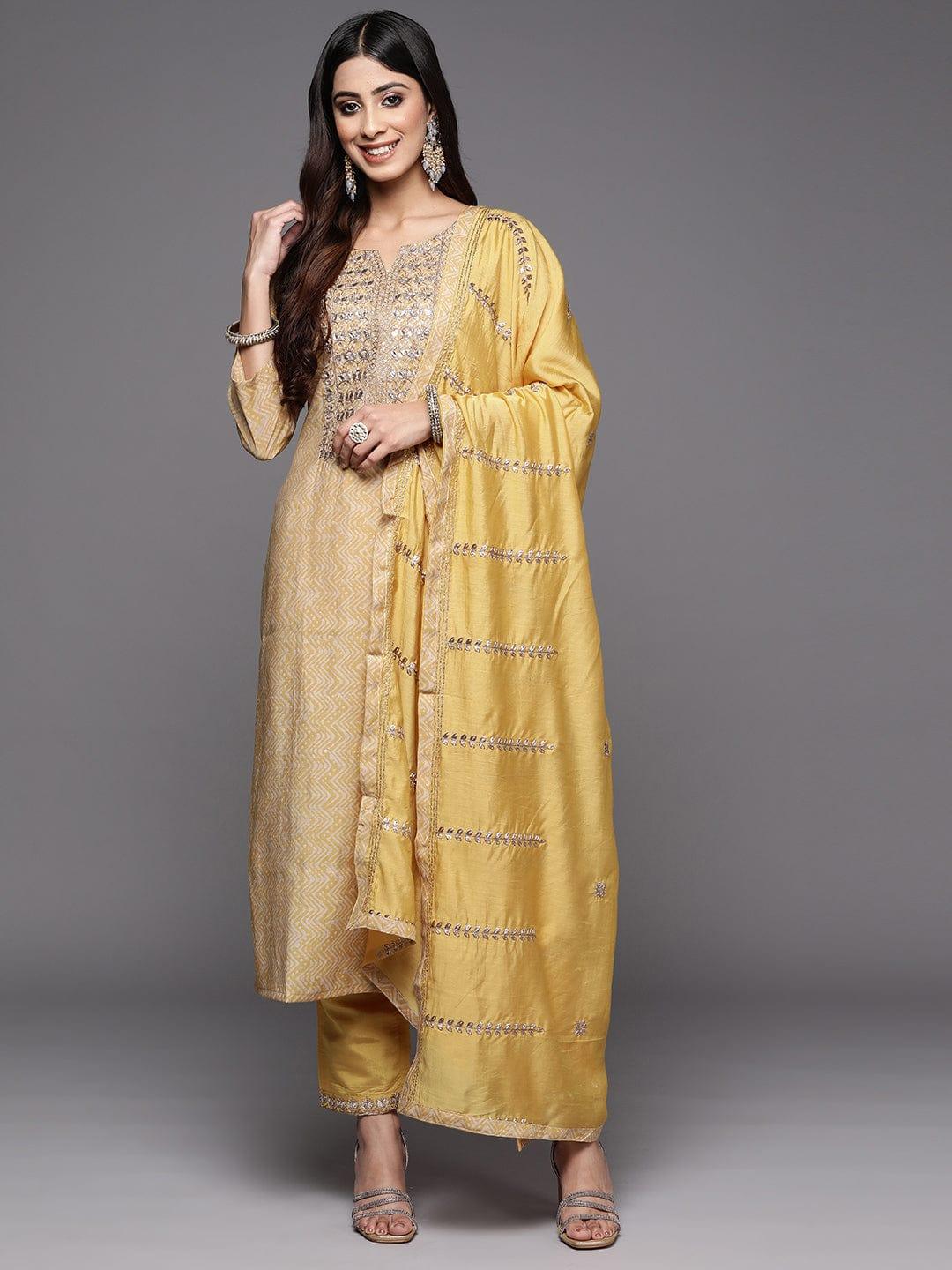 Varanga Women Mustard Yellow Printed Mirror Work Kurta with Trousers & Dupatta - Indiakreations