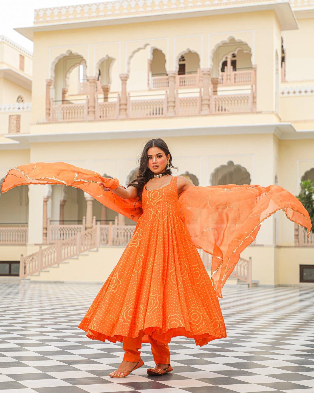 Women's Orange Bandhej Modal Anarkali Kurta Pant Dupatta Set - Baisacrafts - Indiakreations