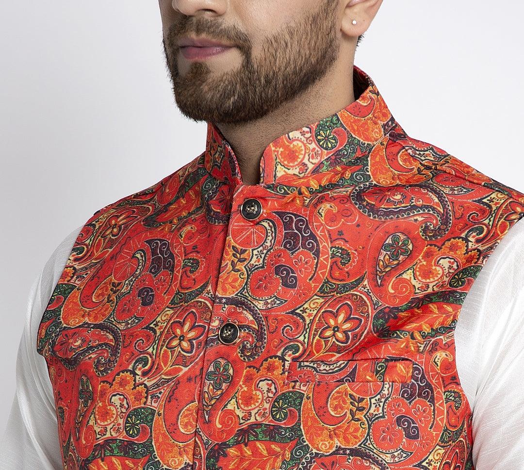 Men's Orange & Multi Printed Nehru Jacket - Benstoke - Indiakreations