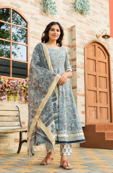 Women's Steel Blue Kurta Dupatta Set with Chanderi Dupatta