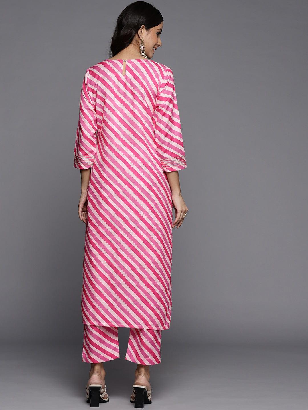 Varanga Women Fuchsia Pink & White Leheriya Striped Gotta Patti Kurta with Trousers - Indiakreations