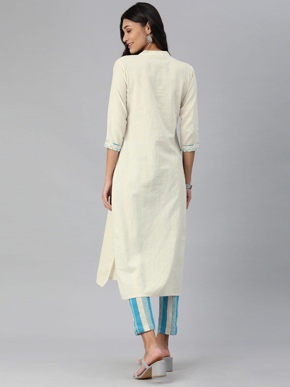 KSUT Women Off-White & Blue Embroidered Detail Kurta with Striped Trousers - Indiakreations