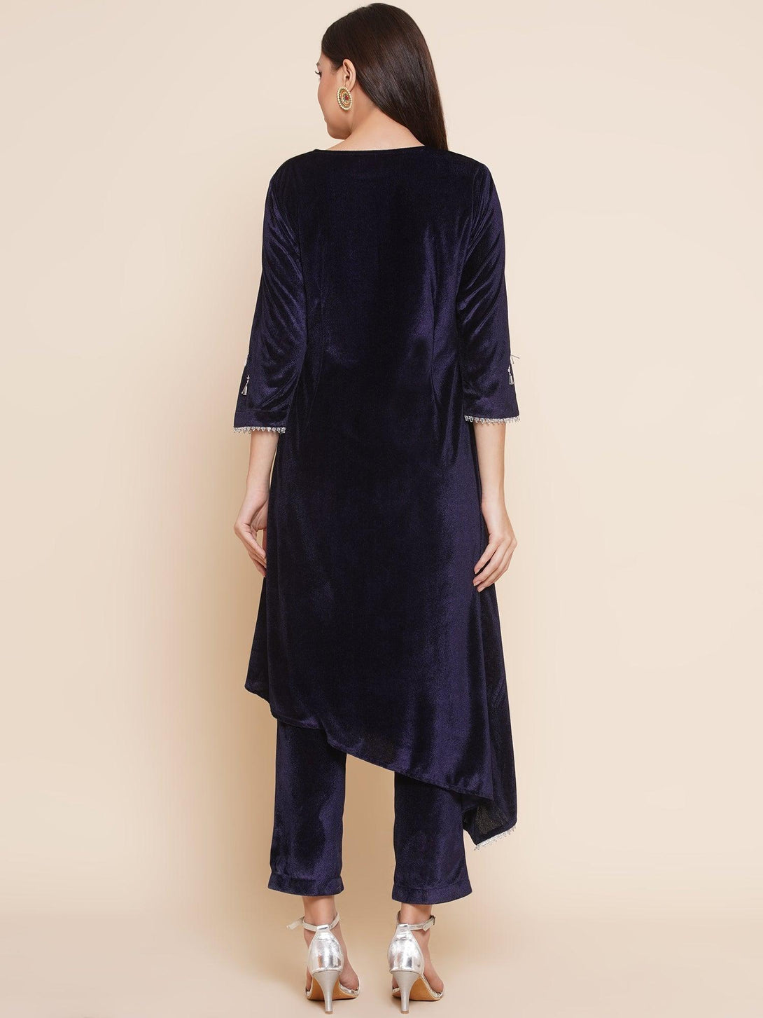 Women's Navy Blue Velvet Assymetrical Hand Embellished Kurta With Pants - Women Republic - Indiakreations