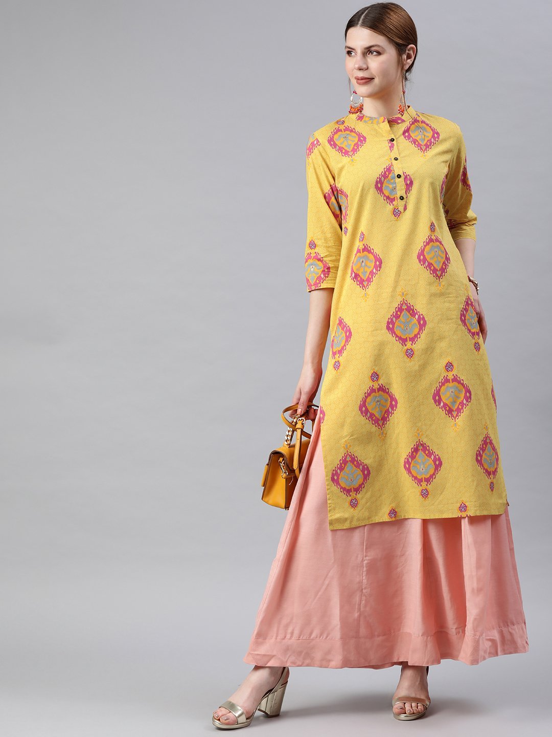 Women's Yellow & Pink Printed Straight Kurta - Anubhutee