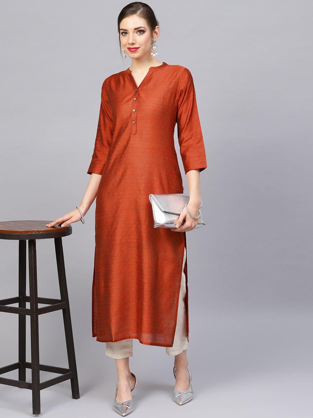 Women Rust Orange Dobby Woven Design Straight Kurta - Indiakreations