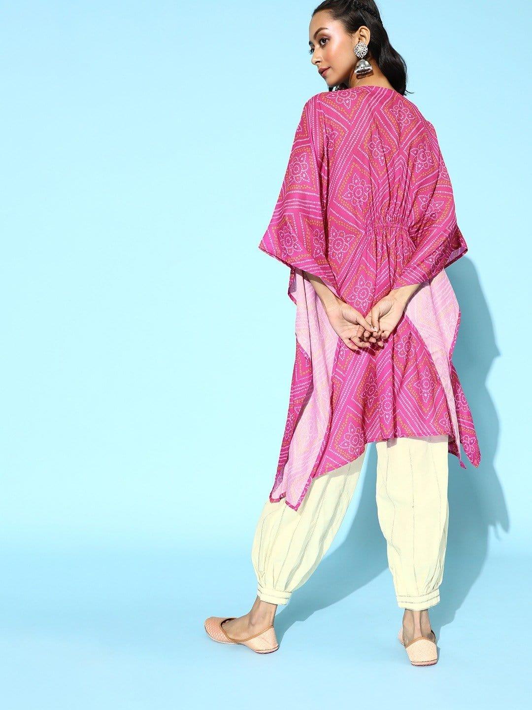 Pink Bandhej Printed Kaftan With Resham Embroidery And Gota Embellished Ballon Trouser - Indiakreations