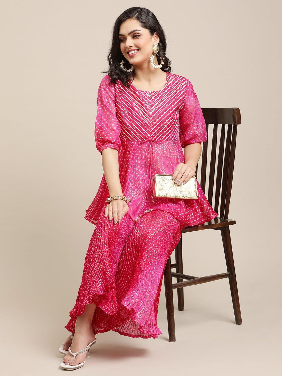 Pink Bandhej Flared Kurta Sharara Set With Gota Embellished On Yoke - Indiakreations