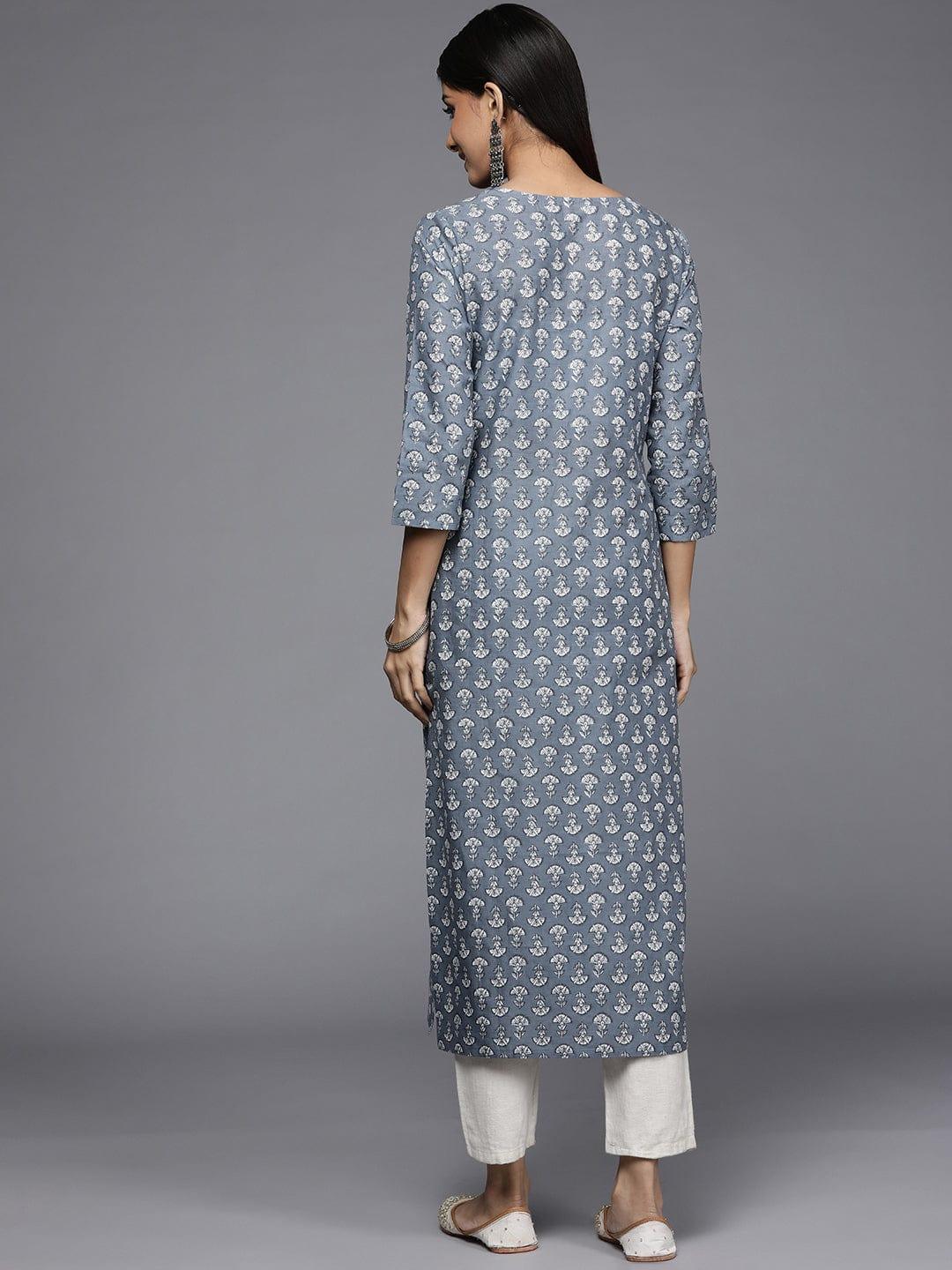 Varanga Women Grey & White Floral Printed Cotton Kurta - Indiakreations