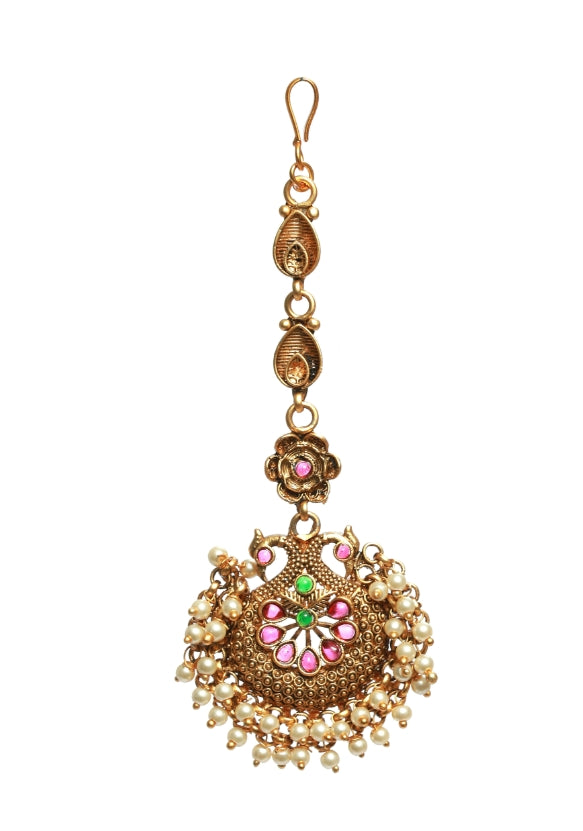 Women's Gold-Plated Green & Pink Stone-Studded & Beaded Temple Maang Tikka - Jazz And Sizzle - Indiakreations