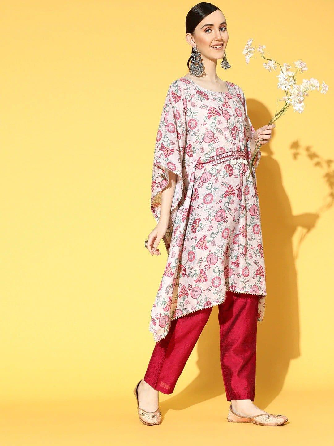 Cream And Pink Floral Printed Kaftan With Shell And Mirror Work Embellished Belt And Silk Trouser. - Indiakreations