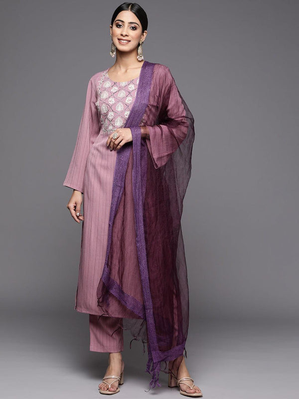 Varanga Women Mauve Ethnic Motifs Yoke Design Kurta with Trousers & With Dupatta - Indiakreations