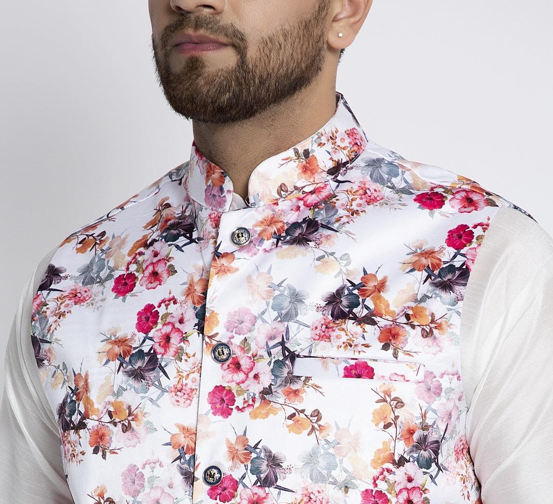 Men's White & Multi Printed Nehru Jacket - Benstoke - Indiakreations