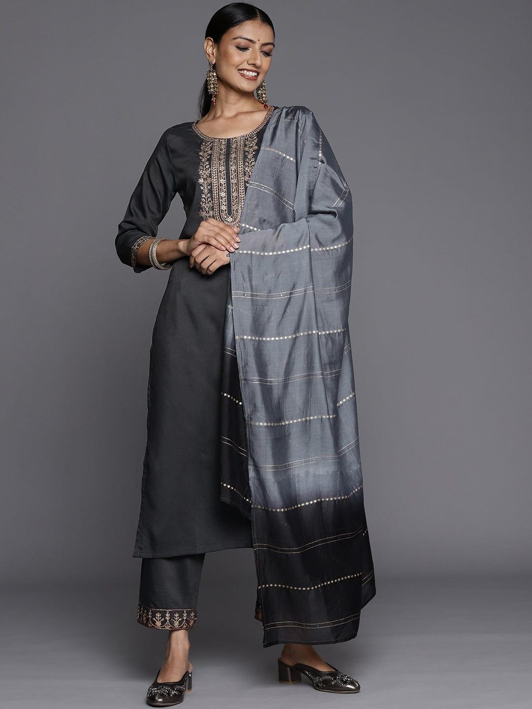 Varanga Women Grey Ethnic Motifs Yoke Design Kurta with Trousers & With Dupatta - Indiakreations