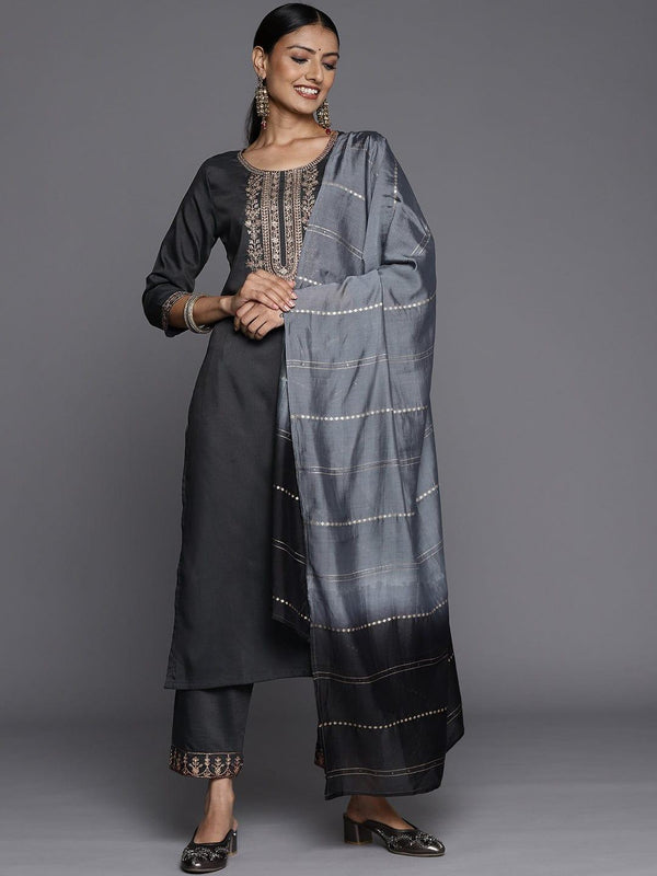 Varanga Women Grey Ethnic Motifs Yoke Design Kurta with Trousers & With Dupatta - Indiakreations