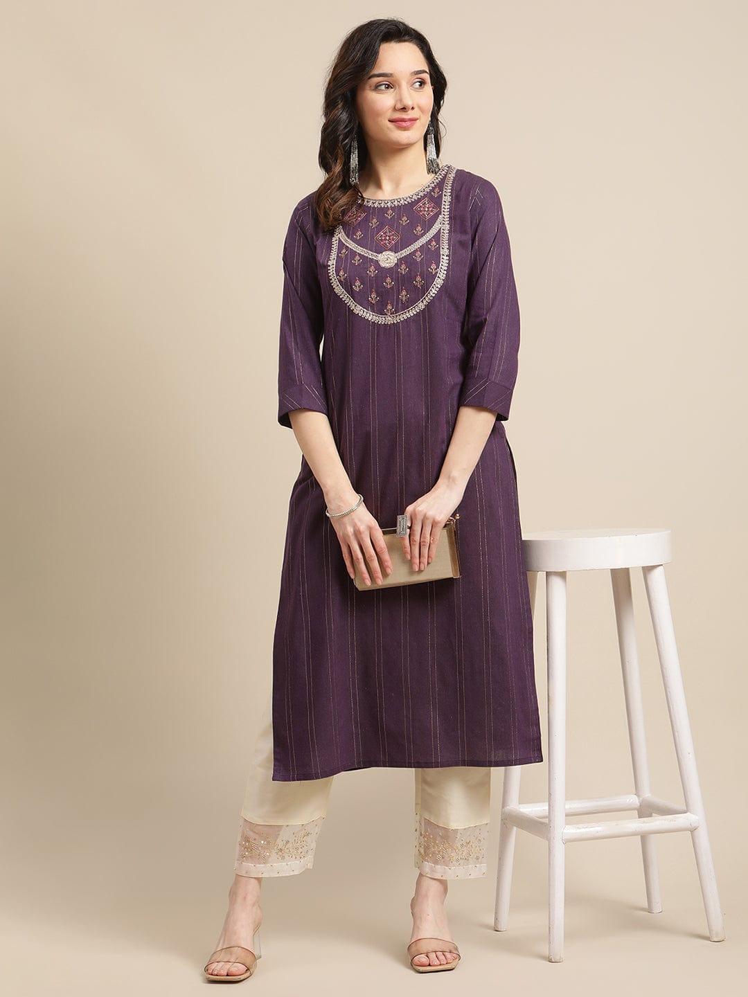 Burgundy Lurex Yoke Embroidery Straight Kurta - Indiakreations