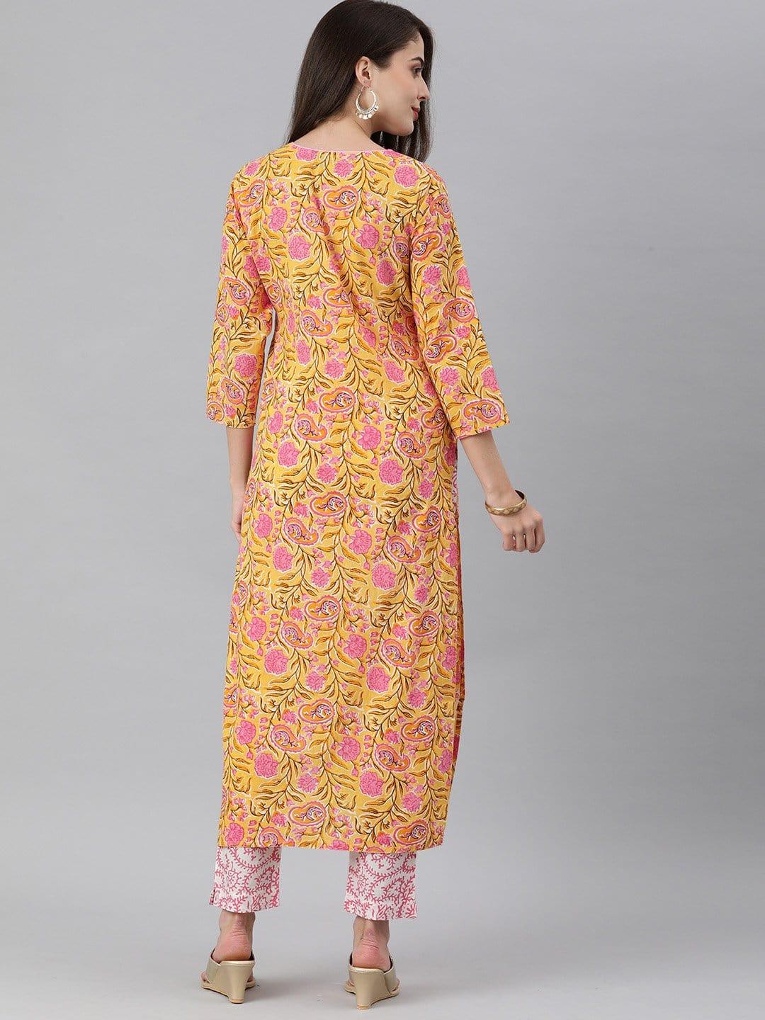 KSUT Mustard And Pink Kalamkari Printed Kurta With Printed Pants - Indiakreations