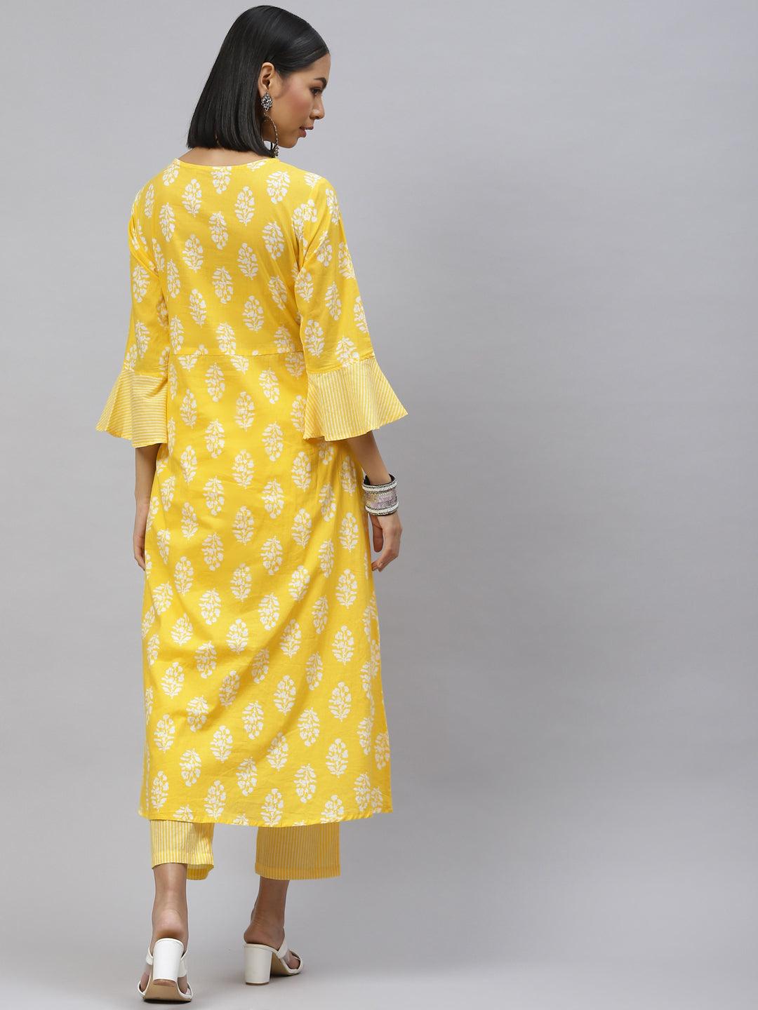 Women's Cotton Yellow Printed Kurta With Pant Set - Noz2Toz - Indiakreations