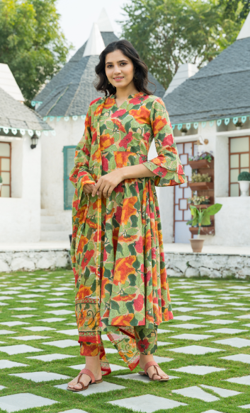 Women's Multi colored Leaf Hand Block Print Kurta Set with Chanderi Dupatta