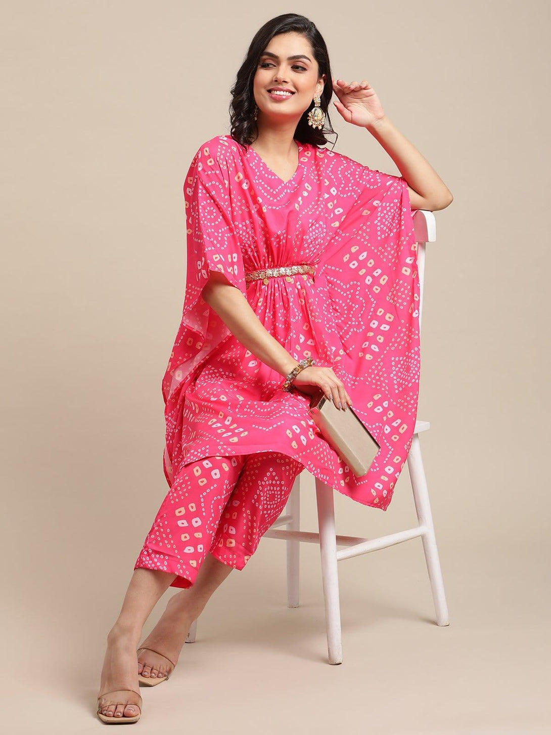 Pink And Yellow Bandhej Printed Kurta Kaftan With Printed Trouser - Indiakreations