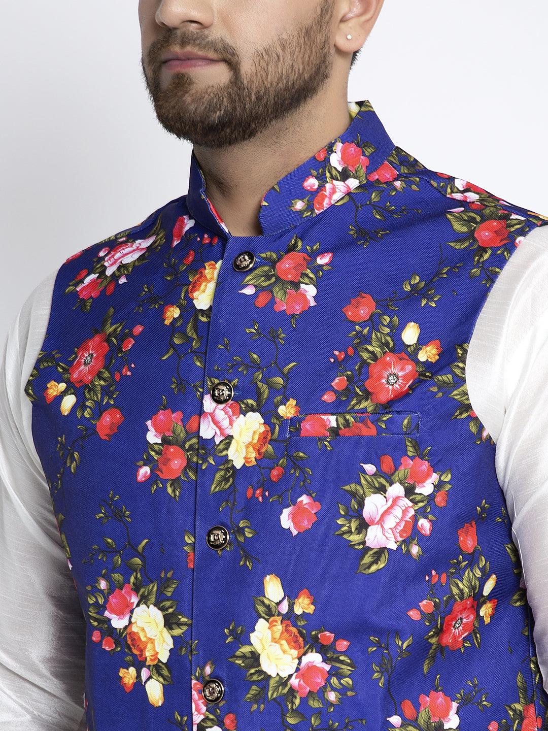 Men's Silk Blend White Kurta With Pyjama & Royal Blue Printed Nehru Jacket - Benstoke - Indiakreations