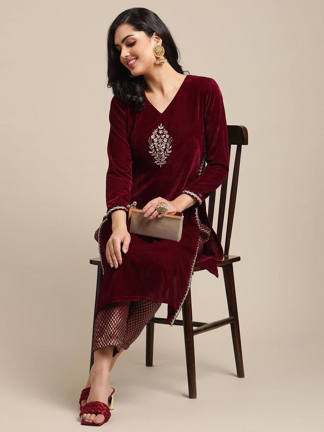 Round Neck Embroidred Velvet Kurta With Long Sleeves And Having Side Slit Paired With Brocade Bottom - Indiakreations