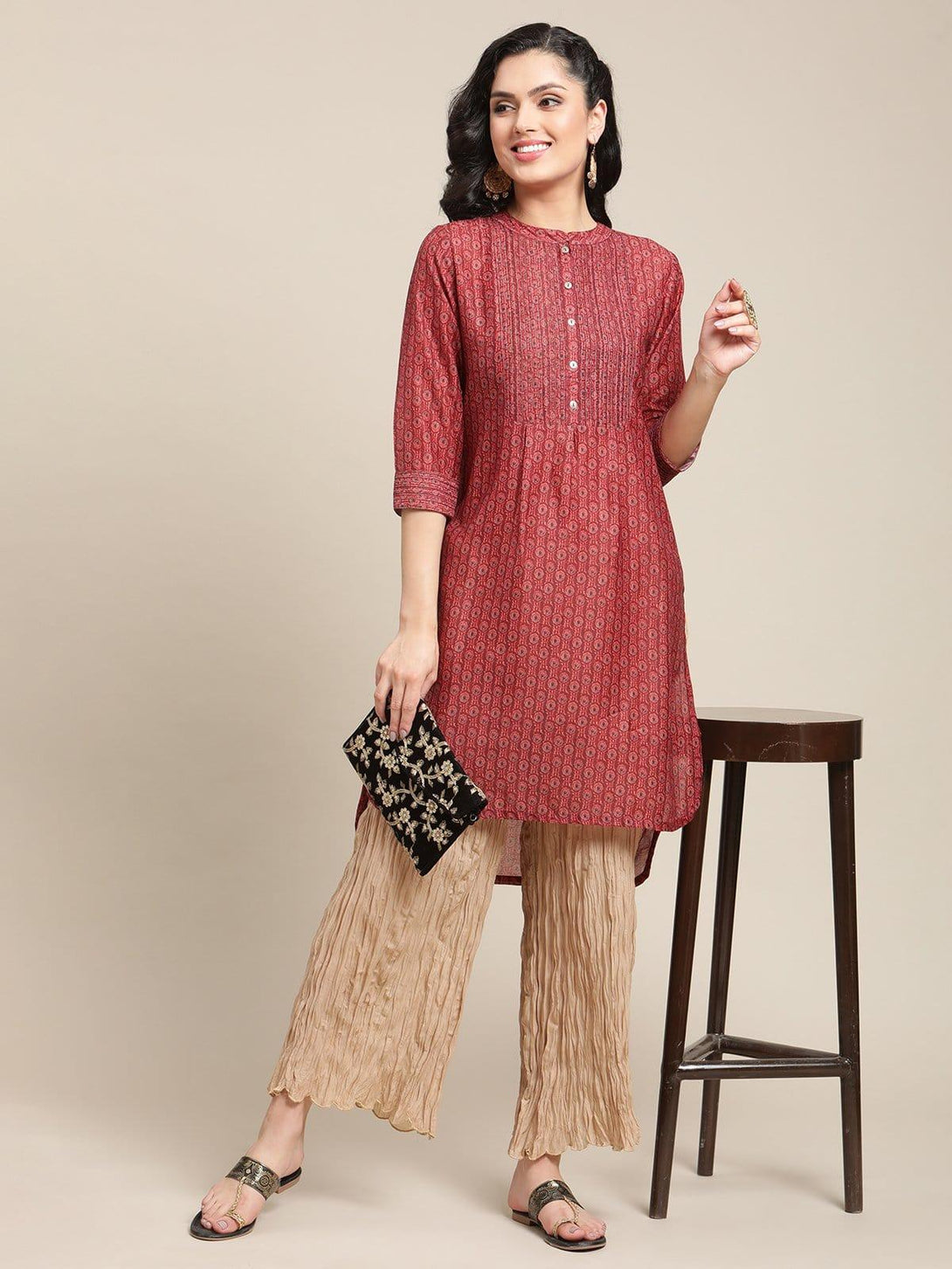 Brown And Black Floral Printed Mandrain Collar High Low Kurta With 3/4Th Sleeve And Side Slit - Indiakreations