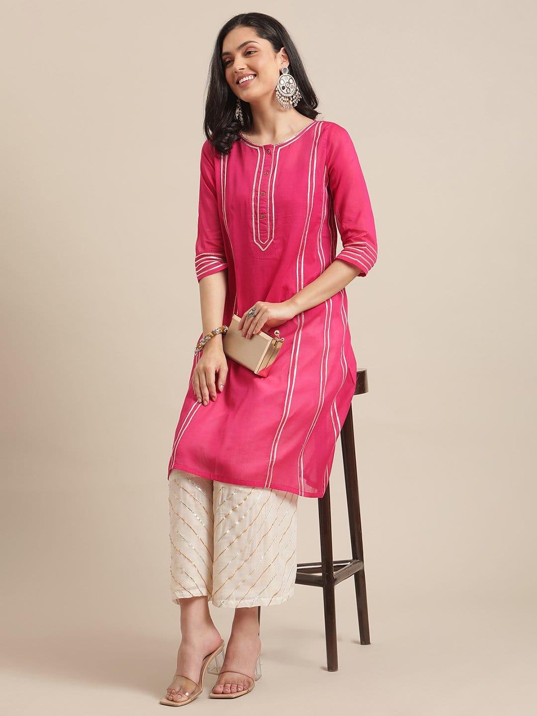 Fuchsia Gota Embellished Kurta With Off White Gota Embellished Palazzo - Indiakreations