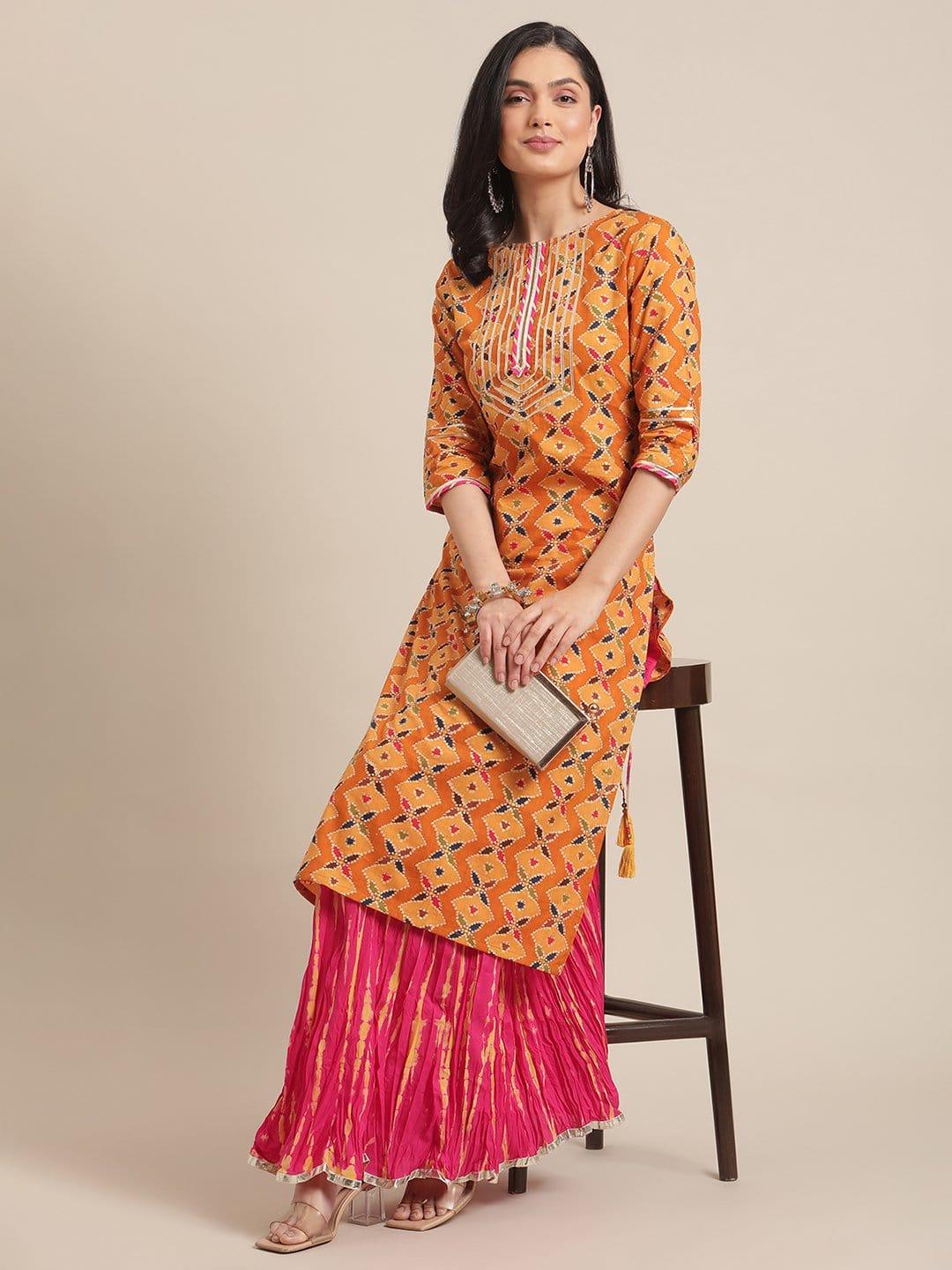 Mustard Abstract Printed Kurta With Gota Lace Embellished Yoke - Indiakreations