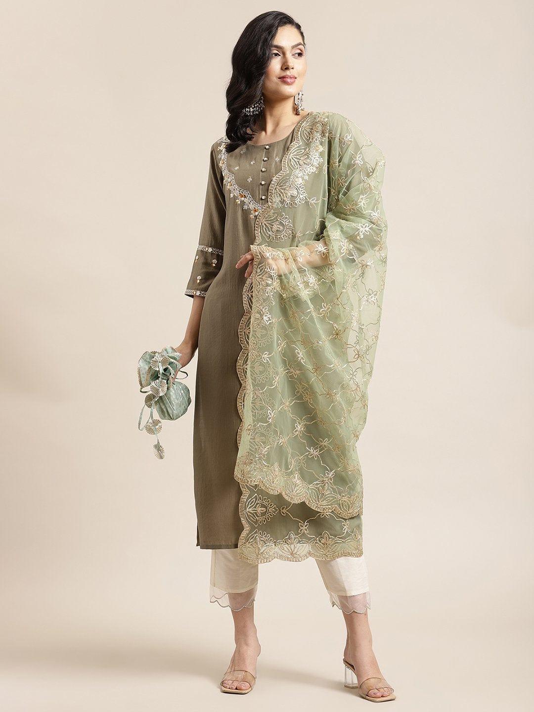 Olive Round Neck Kurta With Yoke And Sleeve Embroidery And Paired With Off-White Trouser Having Organza Scalloped Hem And Heavy Gota Embroidered Dupatta - Indiakreations