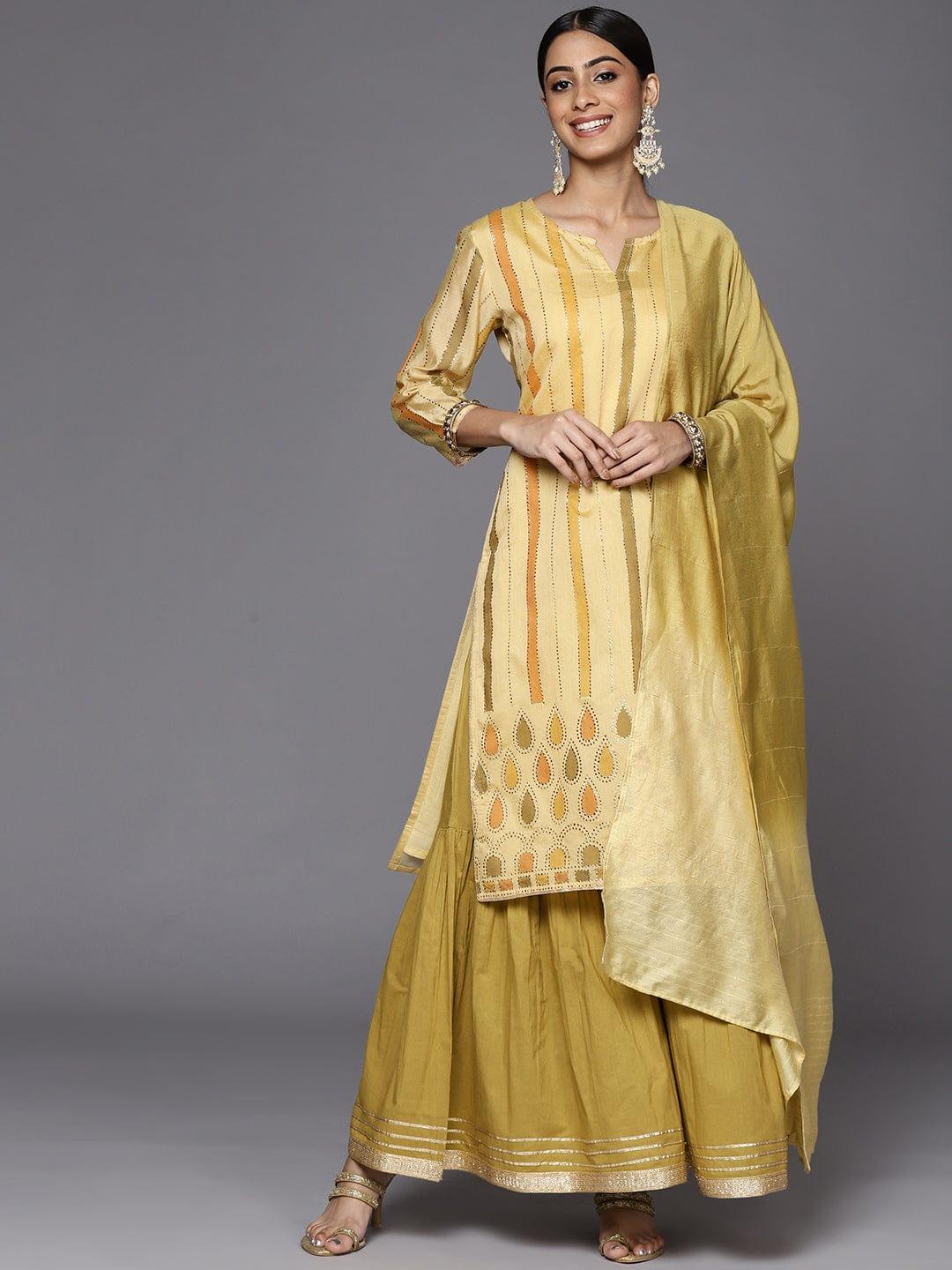 Varanga Women Yellow Striped Mukaish Kurta with Sharara & With Dupatta - Indiakreations