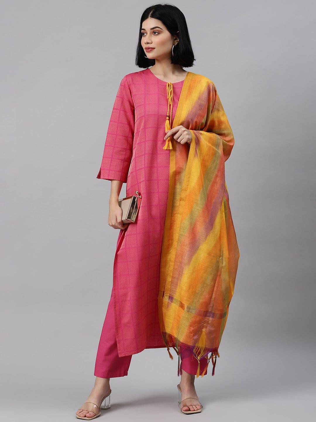 Pink And Mustard Kantha Work Woven Kurta Trouser With Multi Color Silk Dupatta - Indiakreations