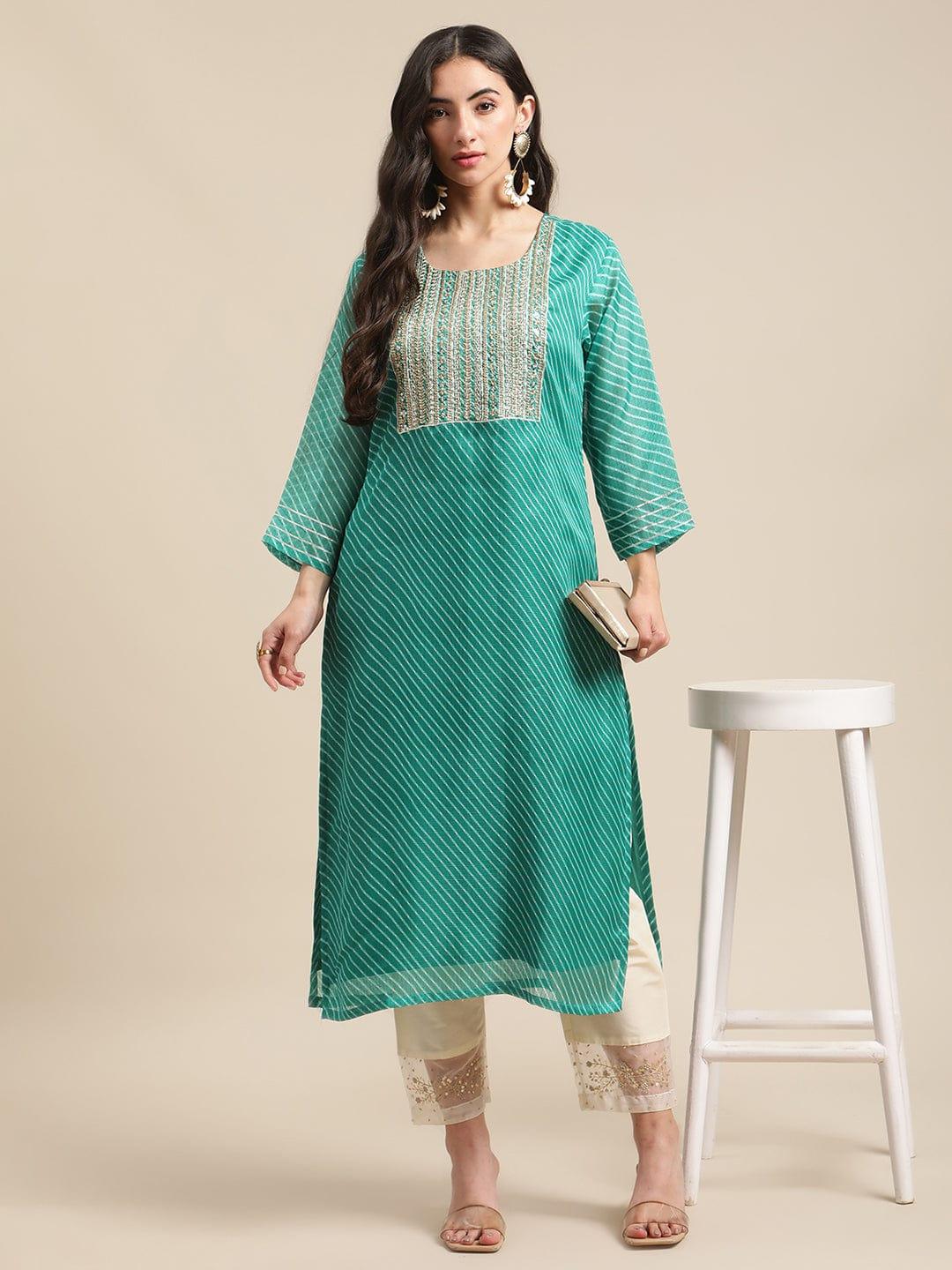 Turquoise Blue Yoke Embroidered Straight Leheriya Kurta - Indiakreations