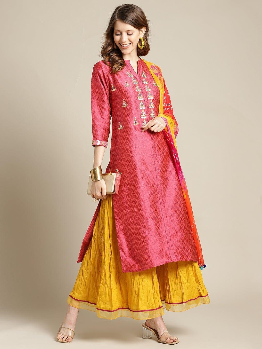 KSUT Coral Red & Mustard Yellow Ethnic Motifs Embroidered Kurta Set With Dupatta - Indiakreations