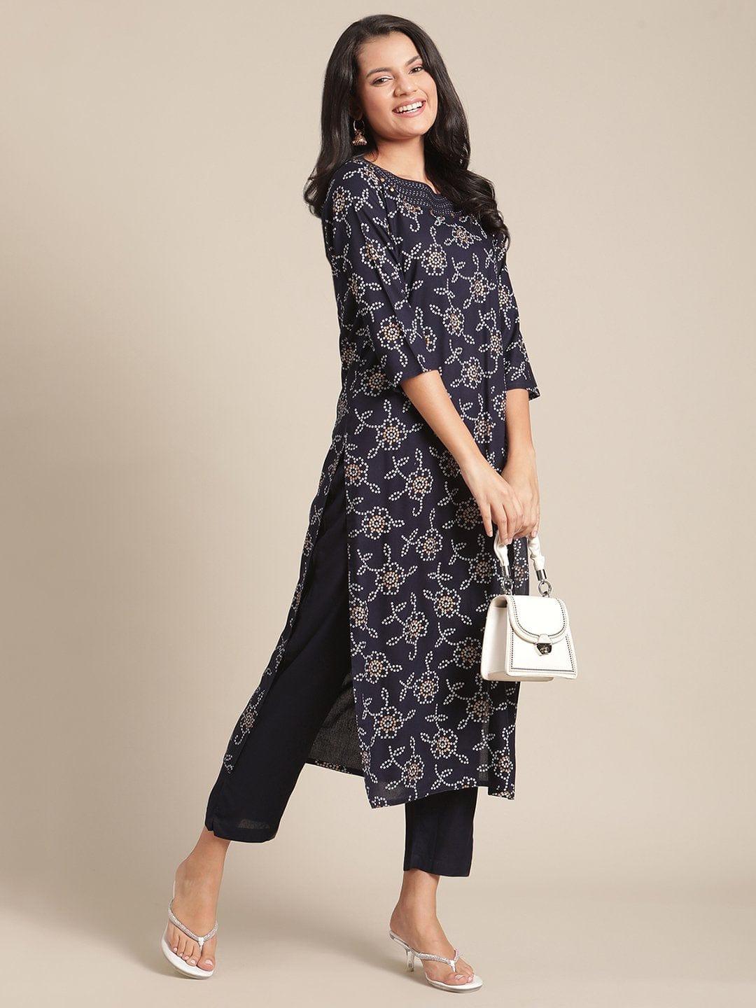 KSUT Blue And White Bandhani Printed Kurta With Threadwork In Neck,3/4Th Sleeves And Paired With Straight Trouser - Indiakreations